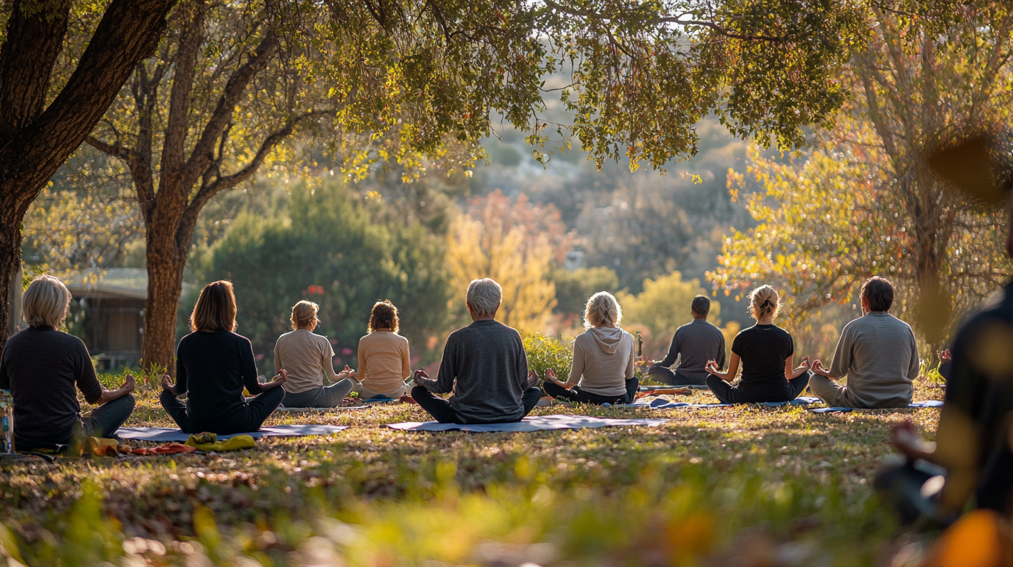 Група възрастни хора практикуват йога в парк